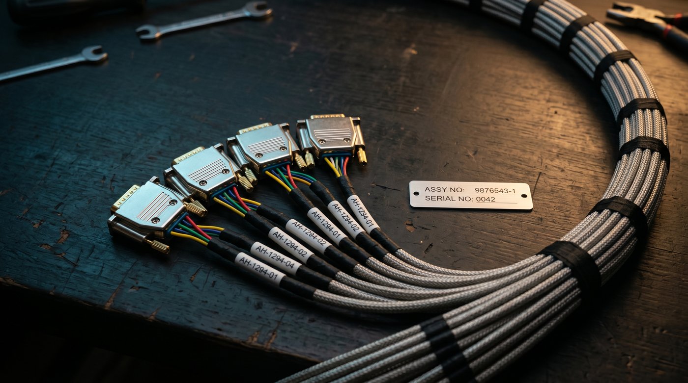 Finished aviation-grade harness bundle with serial tag and labeled legs