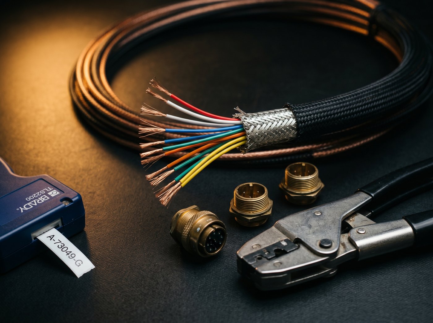 Shielded harness with fanned conductors and brass connectors