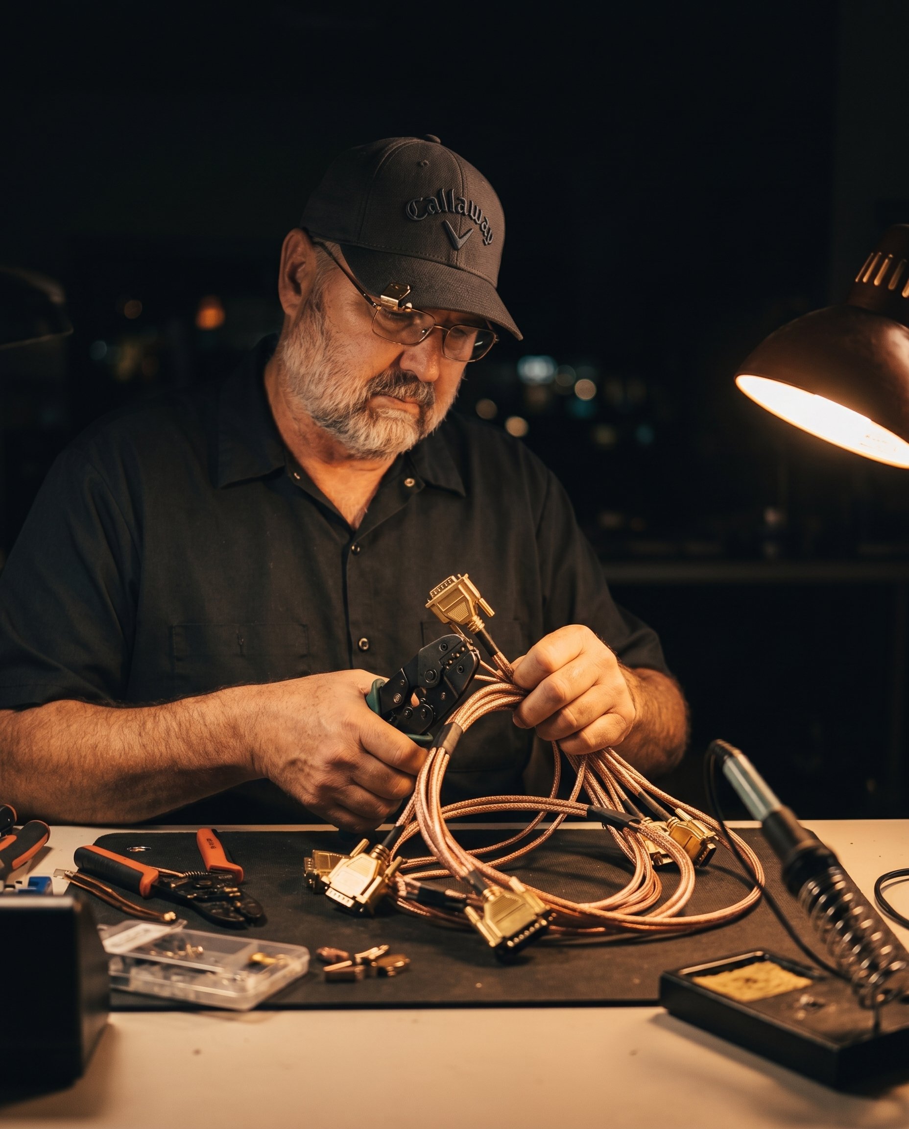 Fred Bernsdorf at a precision wiring workbench